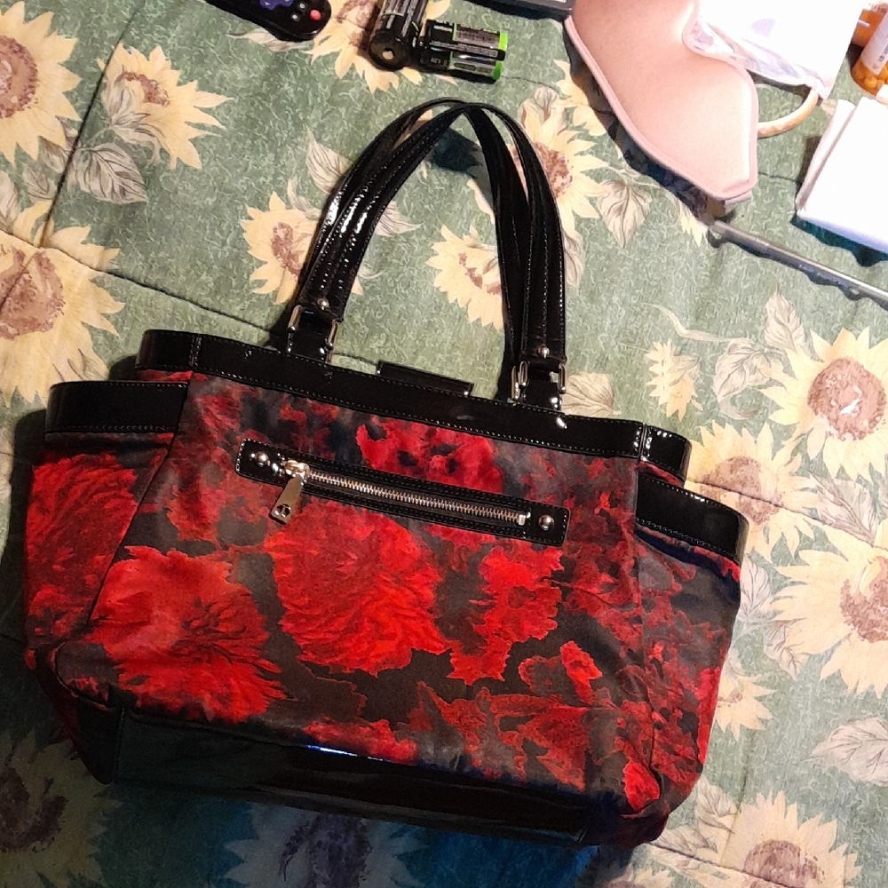 Talbots Red and Black Floral Tote Bag